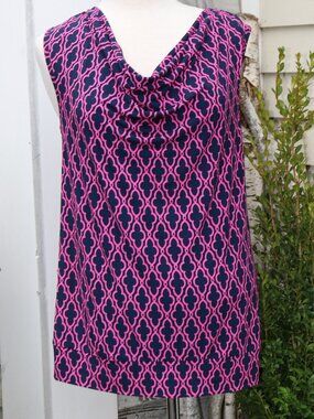 Banana Republic Navy Blue & Pink Geometric Print Draped Front Sleeveless Top L